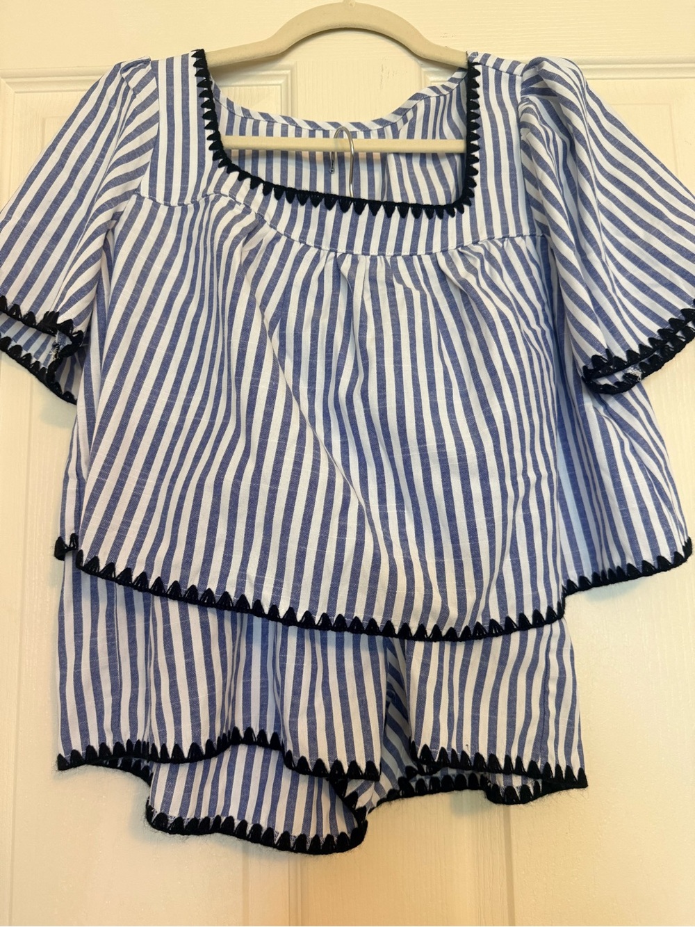 Blue & White Striped Women’s Set with Contrast Trim